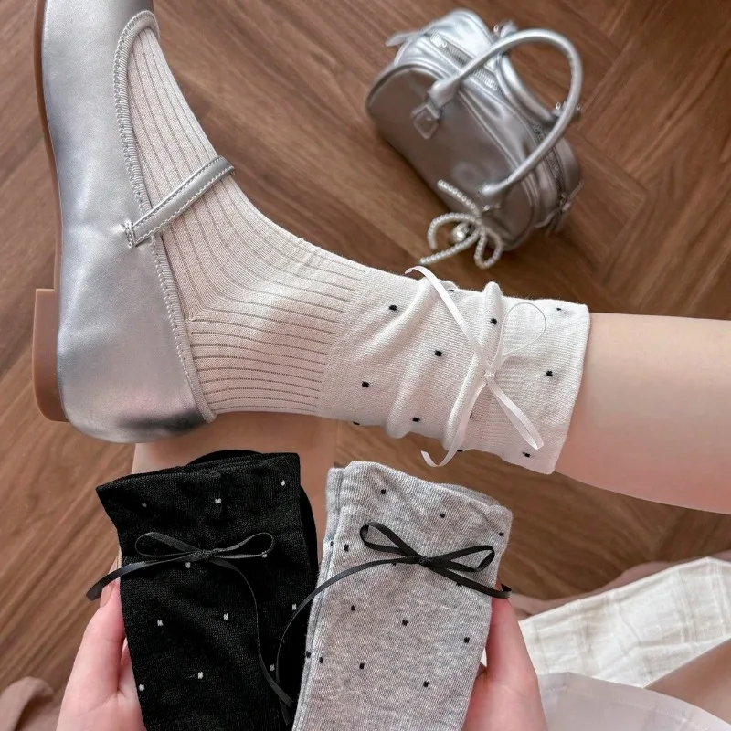 Women Long Socks Cotton Fashion Cute Dots Bow Lolita Socks For Women Korean Style Breathable Casual Classic White Women Socks