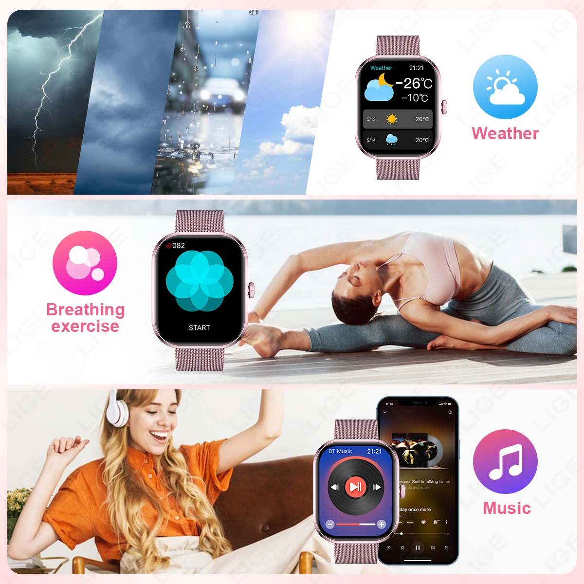 Lige สมาร์ทวอทช์สำหรับผู้หญิง, นาฬิกาอัจฉริยะแบบสัมผัสหน้าจอสัมผัสเต็มรูปแบบของขวัญสำหรับผู้หญิงนาฬิกาอัจฉริยะกันน้ำสำหรับโทรศัพท์แอนดรอยด์ IOs