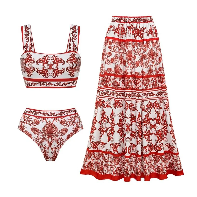 Retro Women Bikini Set Swimwear Women Red Flower Totem Pattern Print Bikini Female Biquini Push Up Swim Suit Bodysuit Beachwear