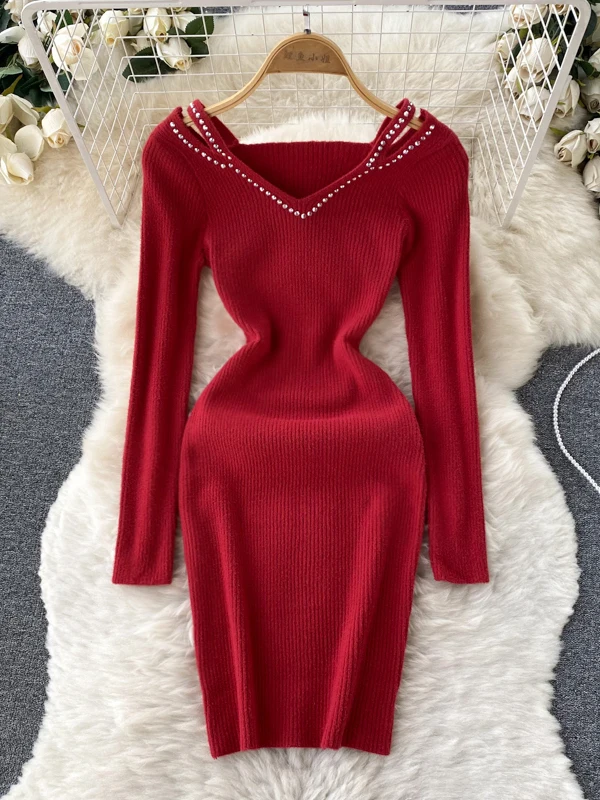 시크 니트 랩 드레스 오프숄더 롱 슬리브 하이웨이스트 A라인 스커트 한국 스타일 출퇴근 순수한 매력 가을 여성 드레스