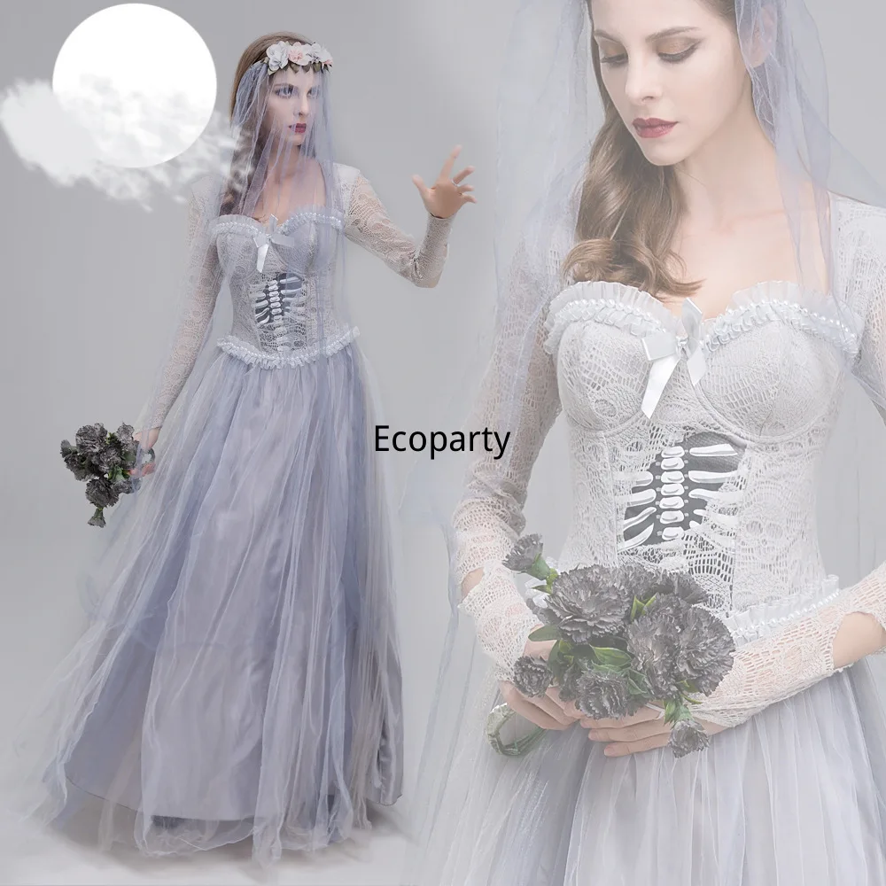 Halloween Women's Ghost Bride Cosplay Costume Horror Zombie Long Sleeve Lace Patchwork Dress Carnival Purim Party Fancy Outfit