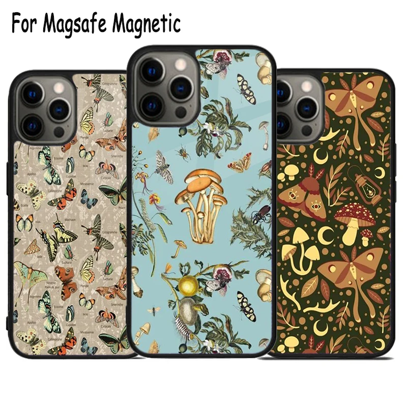 Moths insects botanical butterflies Wireless Charge Magsafe Phone Case For iPhone 15 16 14 13 11 12 Pro Max Plus Magnetic Cover