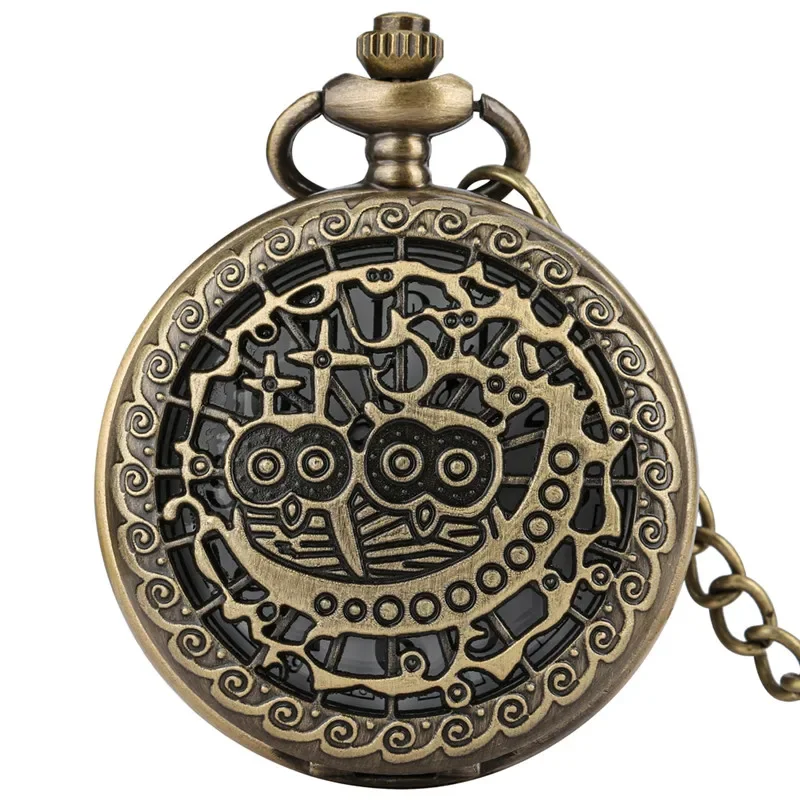 Old Fashion Hollow Out Cover Two Night Owls Pattern Men Women Antique Quartz Analog Pocket Watch Sweater Pendant Chain Gift