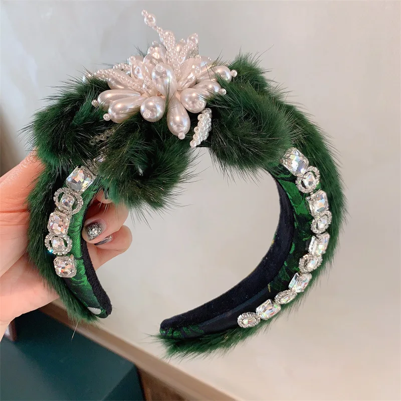 2024 Women Luxury Winter Black Green White Blue Fur Headbands High Quality Padded Hair Band Lady Fashion Hair Hoop Furry Gift