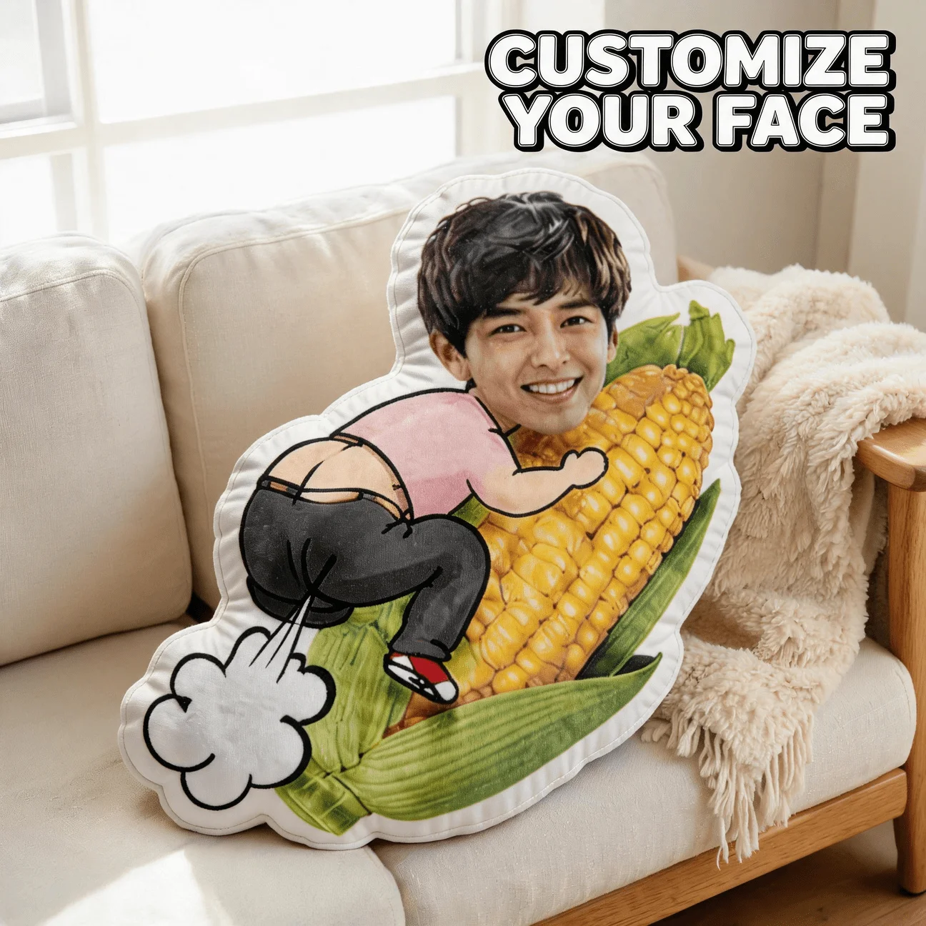 Custom Funny Photo Shaped Pillow, Novelty for Man Hugging Corn Illustration Decorative Cushion, Unique Humor Home Decor Accent f