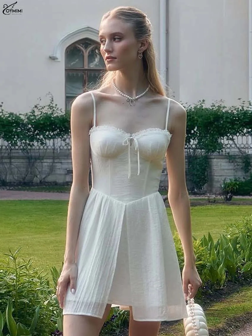 

Oymimi Elegant White Lace Dresses 2025 Woman Fashion Spaghetti Strap Zipper Open Back Dress Autumn High Waist Mini Dress Female