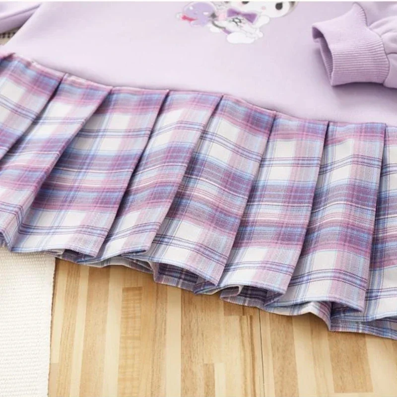 Sanrio Kuromi Children Anime Clothing Spring Autumn Girl Cartoon Peter Pan Collar Fake Two Dresses Kids Plaid Cute Festival Gift