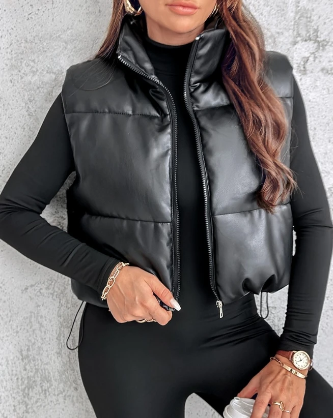 Women's Vest 2024 Autumn Winter Fashion PU Leather Stand Collar Drawstring Hem Zip Up Sleeveless Casual Puffer Vest Coat