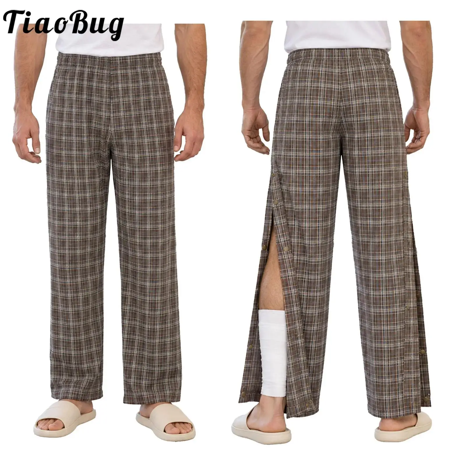 Men Adaptive Plaid Pants for Post Surgery Recovery Special Needs Elderly People Tear Away Side Press Buttons Pockets Trousers