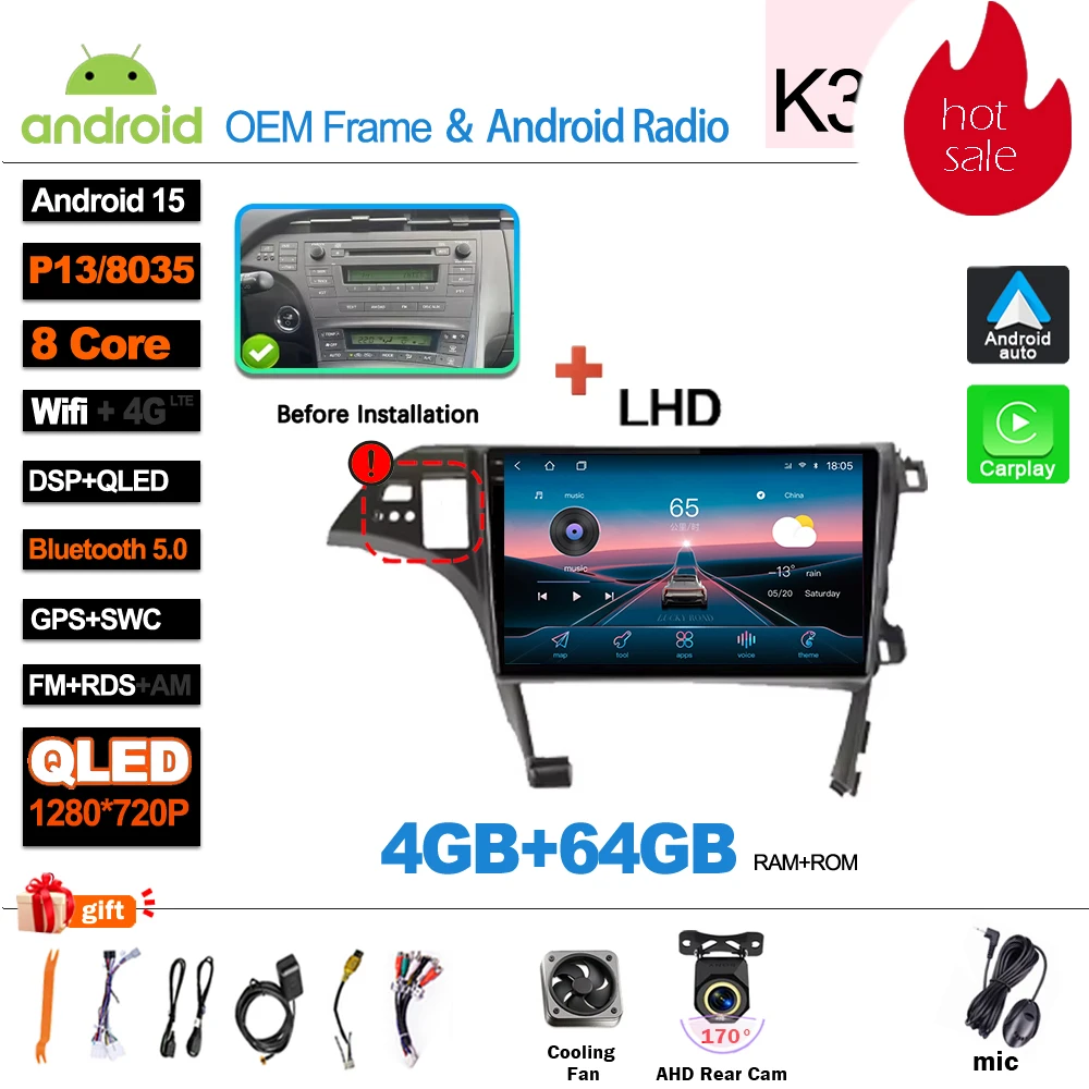 Android 16 autoradio, videomedia-speler, Carplay, GPS-navigatie voor Toyota Prius XW30 2009-2015