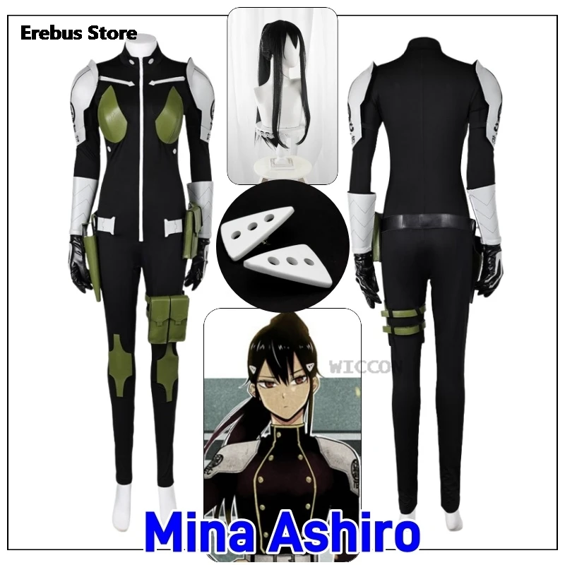 Mina Ashiro Anime Kaiju No. 8 Cosplay Costume Black Leather Hairpins Wig Jumpsuit Bag Uniform Third Division Halloween Party