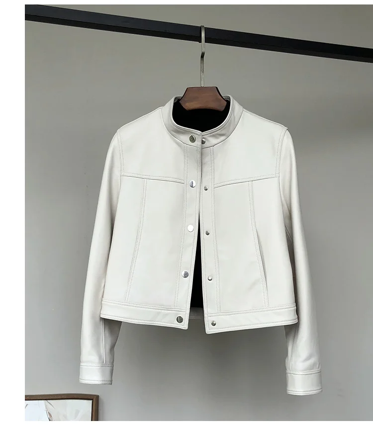 Lautaro Spring Autumn Short White Soft Pu Leather Jacket Women Stand Collar Long Sleeve Elegant Chic Luxury Designer Clothing
