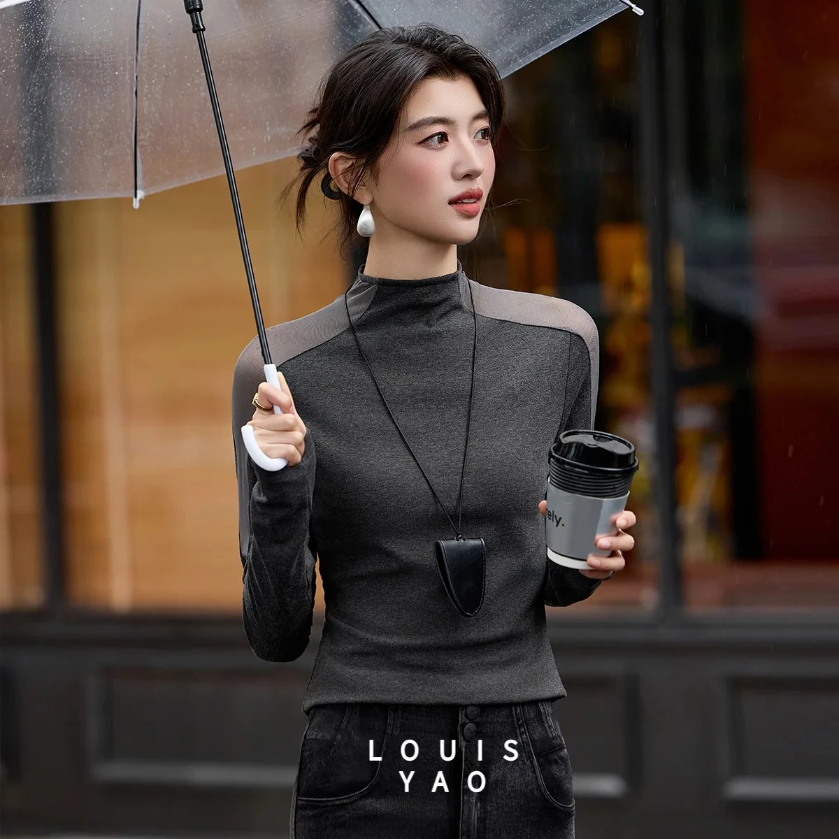 

LOUISYAO Essential Bottom T-Shirt 2025 Autumn/Winter Top Panel Mesh Tees Minimalist Mandarin Collar Oversized Women's T-Shirt