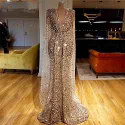 2024 Bling Champagne Gold Sparkly Fabric Kaftan Evening Dubai Islamic Long Prom Dresses for Women Mermaid Celebrity Party Gowns
