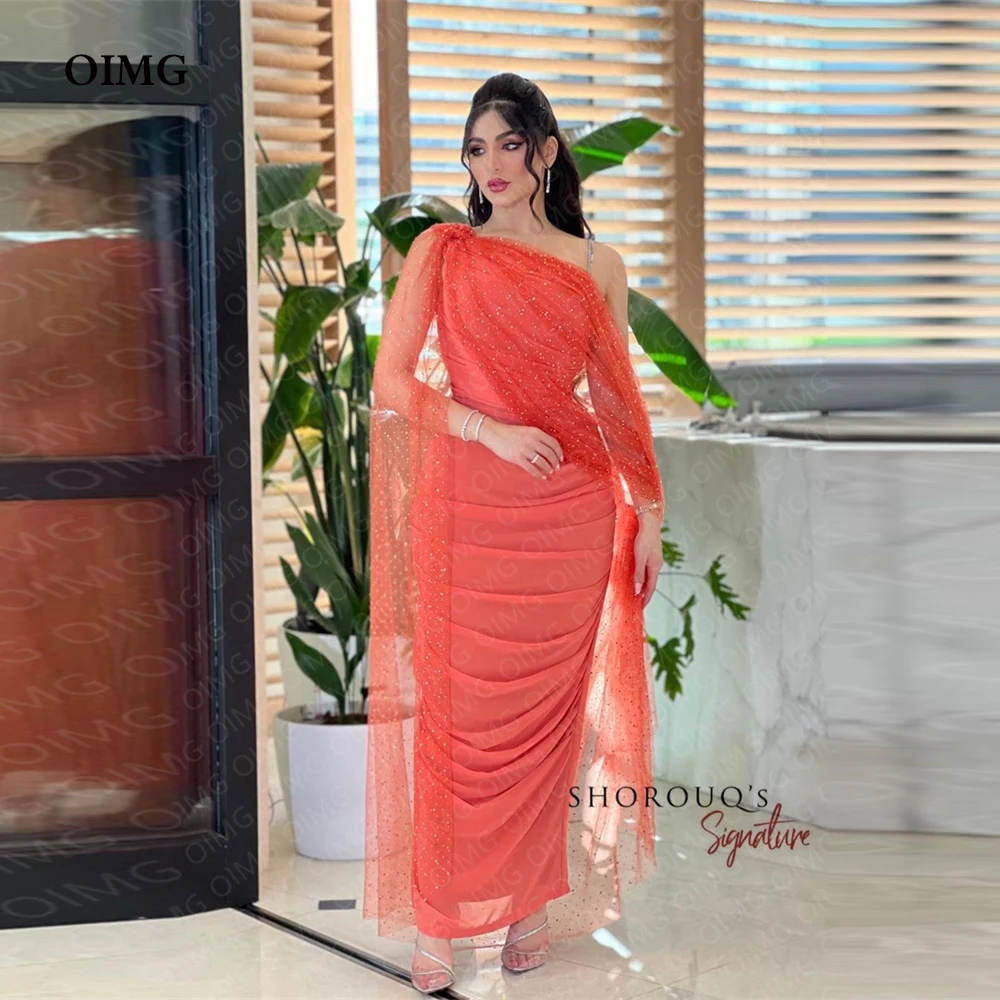 

OIMG Orange Dots Jacket Sleeve Formal Event Party Dresses Tea Length Dubai Event Evening Gowns Night Club Dress Vestidos