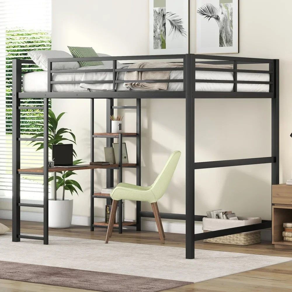 

Children Beds Full Size Metal Loft Bed with Built-in Desk and Storage Shelves,Black Children Furniture Bunk Beds Kids Twin Beds