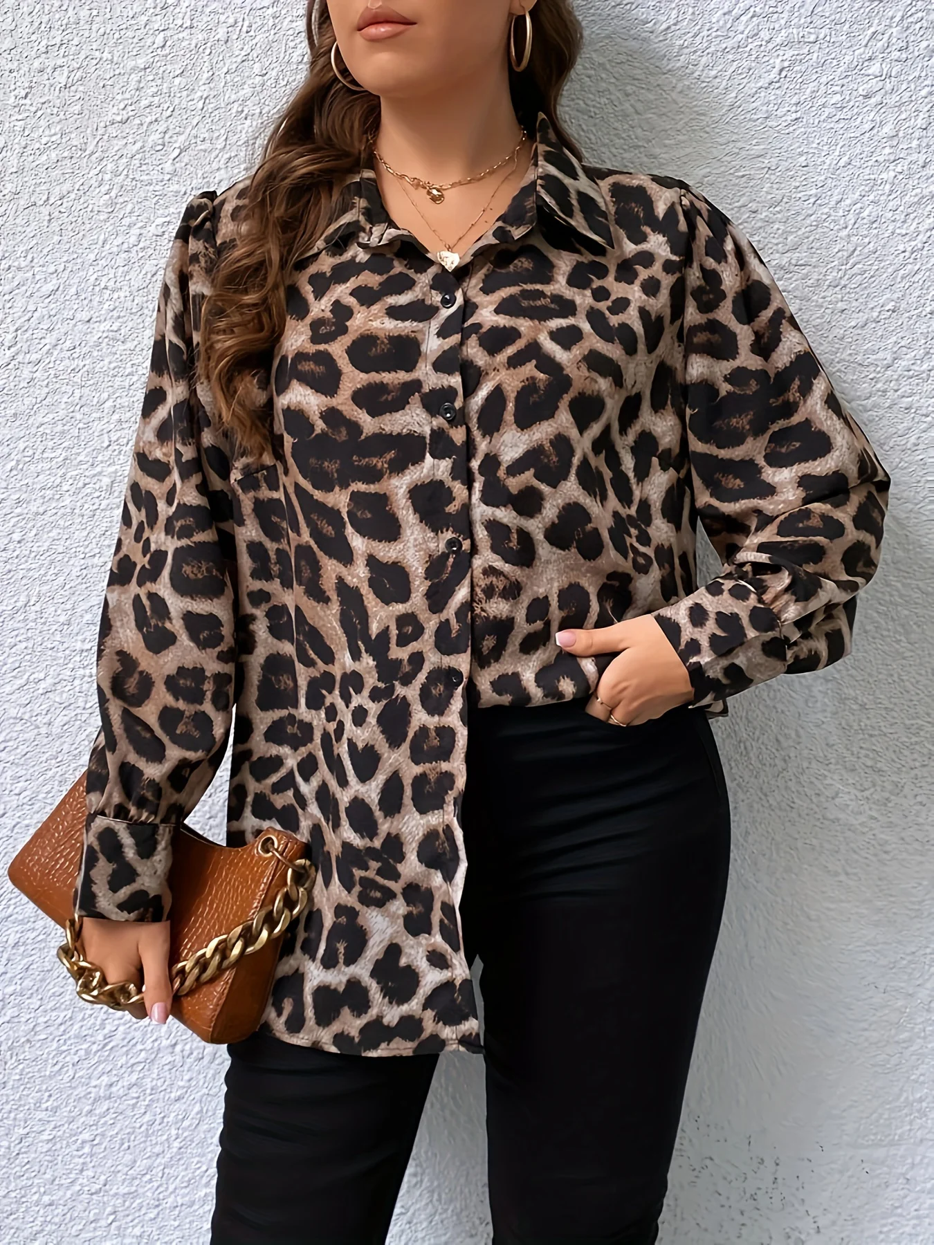 Plus Size Leopard Print Button Front Shirt, Casual Long Sleeve Shirt For Spring & Fall, Women\'s Plus Size Clothing