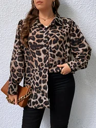 Plus Size Leopard Print Button Front Shirt, Casual Long Sleeve Shirt For Spring & Fall, Women's Plus Size Clothing