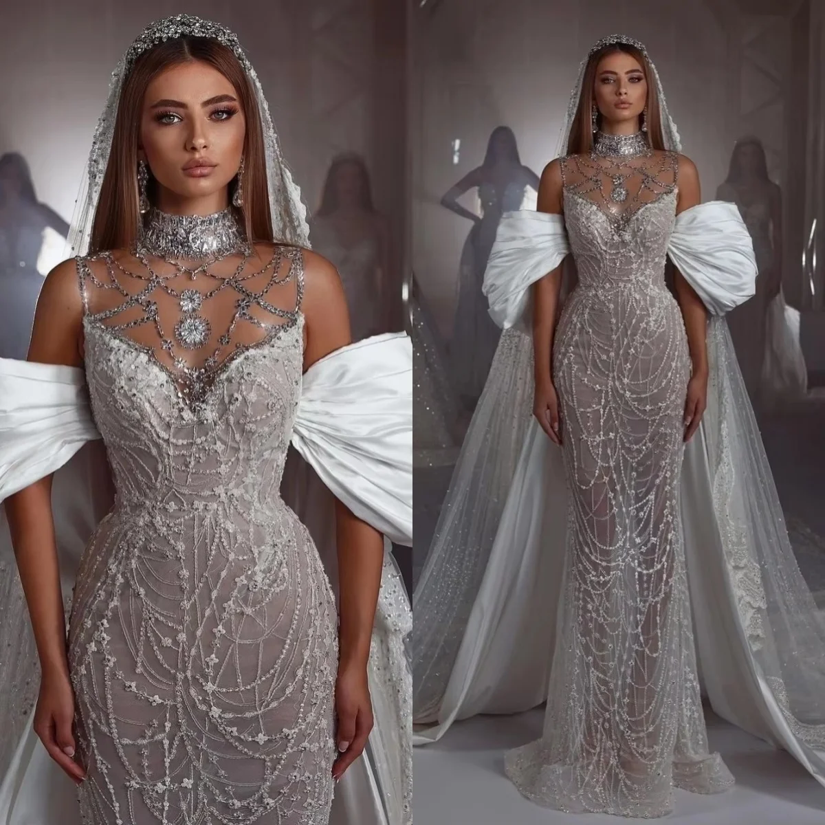 Gorgeous Crystal Wedding Dresses High Neck See Through Bridal Gowns with Cape Sequins Slim Fit Customized Vestidos De Novia