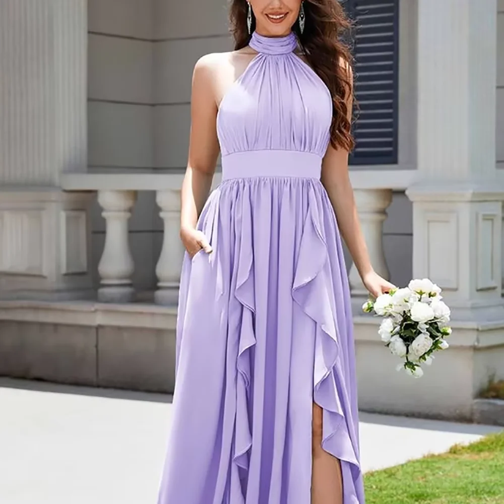 

Classic Purple Prom Dresses Fashion High Collar Pleats Sleeveless A Line Party Gown High Quality Floor Length Prom Gown 2025