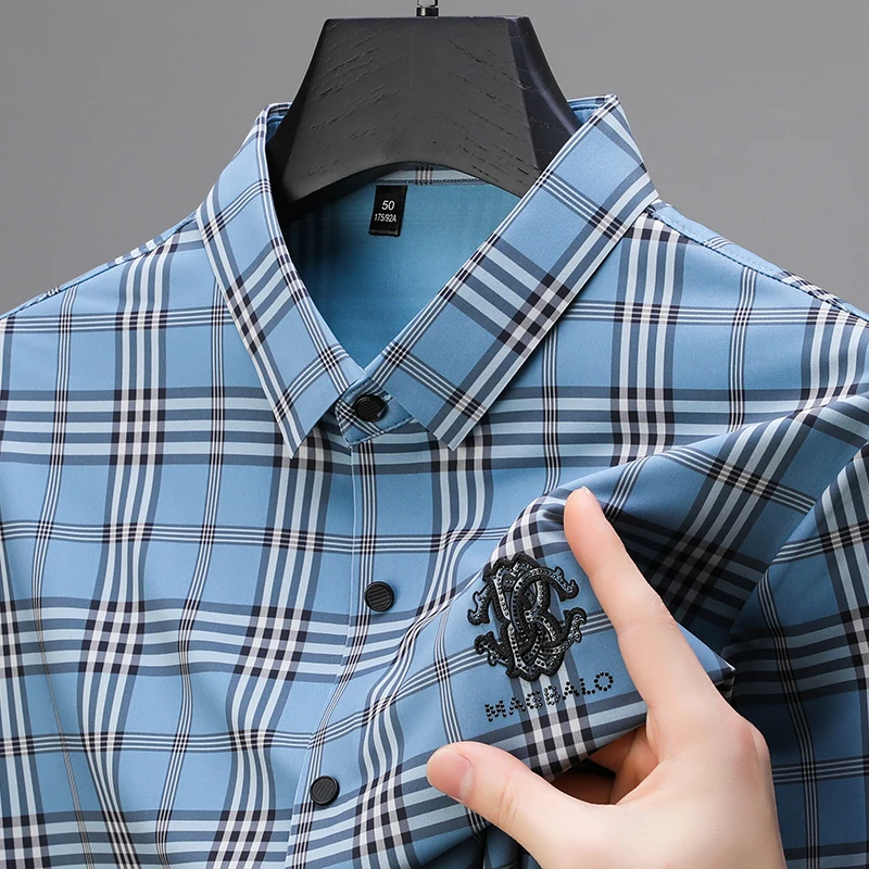 Luxury Brand 2024 Men\'s Summer New Plaid Embroidery Hot Diamond Ice Silk Shirt Trend Seamless Lapel Comfortable Top Men\'s  Wear