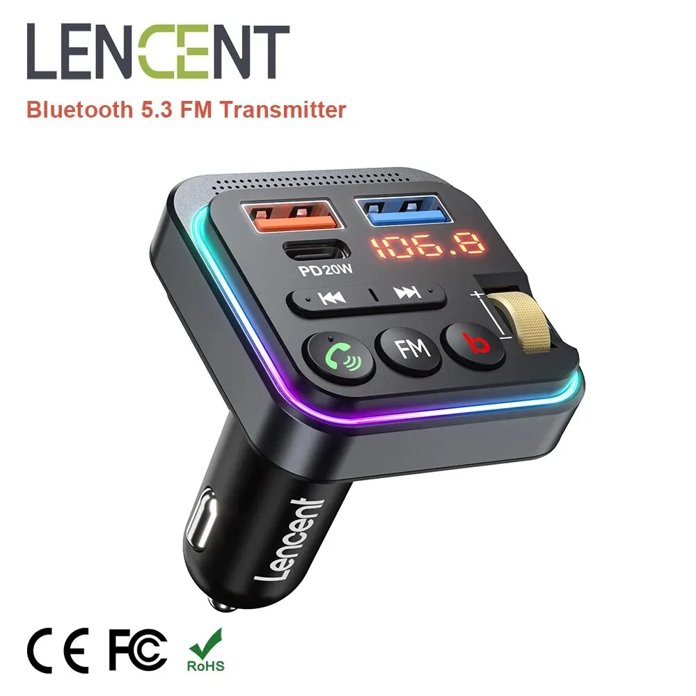 LENCENT Bluetooth 5.3 FM Transmitter Car Adapter with PD 20W & QC3.0 Fast Charger HiFi Bass Sound &Wireless Microphone Adapter