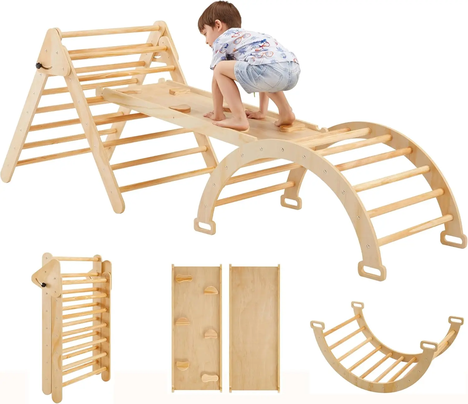 5 In 1 Pikler Triangle Gym, Montessori Foldable Wooden Climbing Set With Ramp, Arch Climber And Rocker, Toddlers Climbing