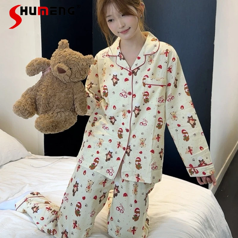 

Домашние пижамы из чистого хлопка с рождественским медведем для женщин, комплект домашней одежды с длинными рукавами и героями мультфильмов, женские милые костюмы для сна в японском стиле