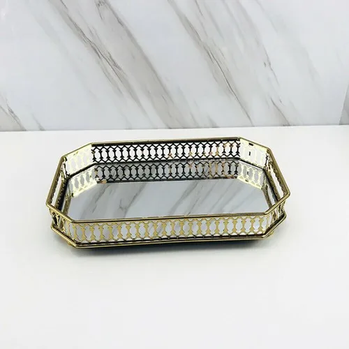 Large 35x25cm Golden Rectangular Metal Tray with Glass Top for Makeup Jewelry Storage Organizer in Living Room Bedroom Decor