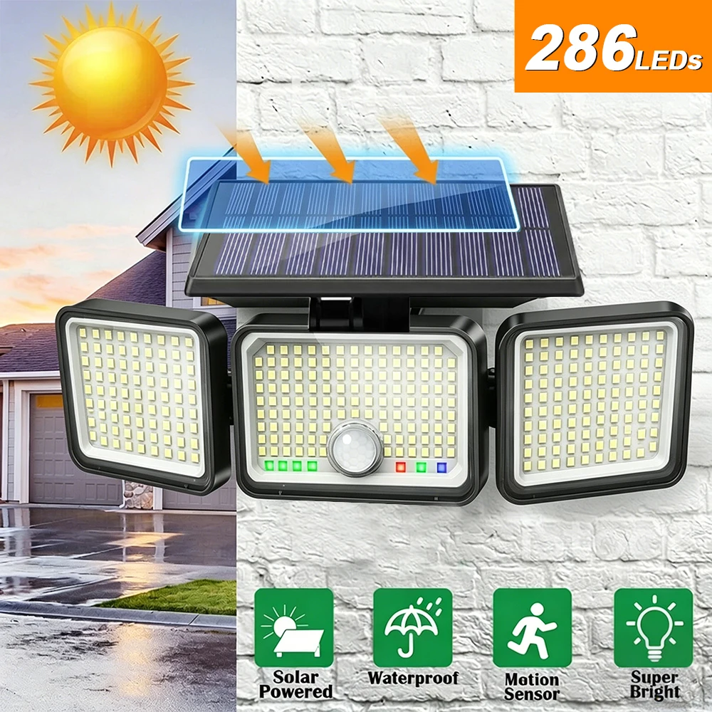 3500LM Solarleuchte für den Außenbereich, 286 LEDs, superhell, Bewegungssensor, starke Leistung, IP65, wasserdicht, 3 Arbeitsmodi für Garten, Hof, Garage