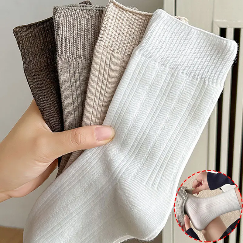 

1 пара/лот, новые хлопковые вязаные носки, женские черные, белые носки до середины икры с широкими манжетами, японская мода в стиле Лолиты, однотонные