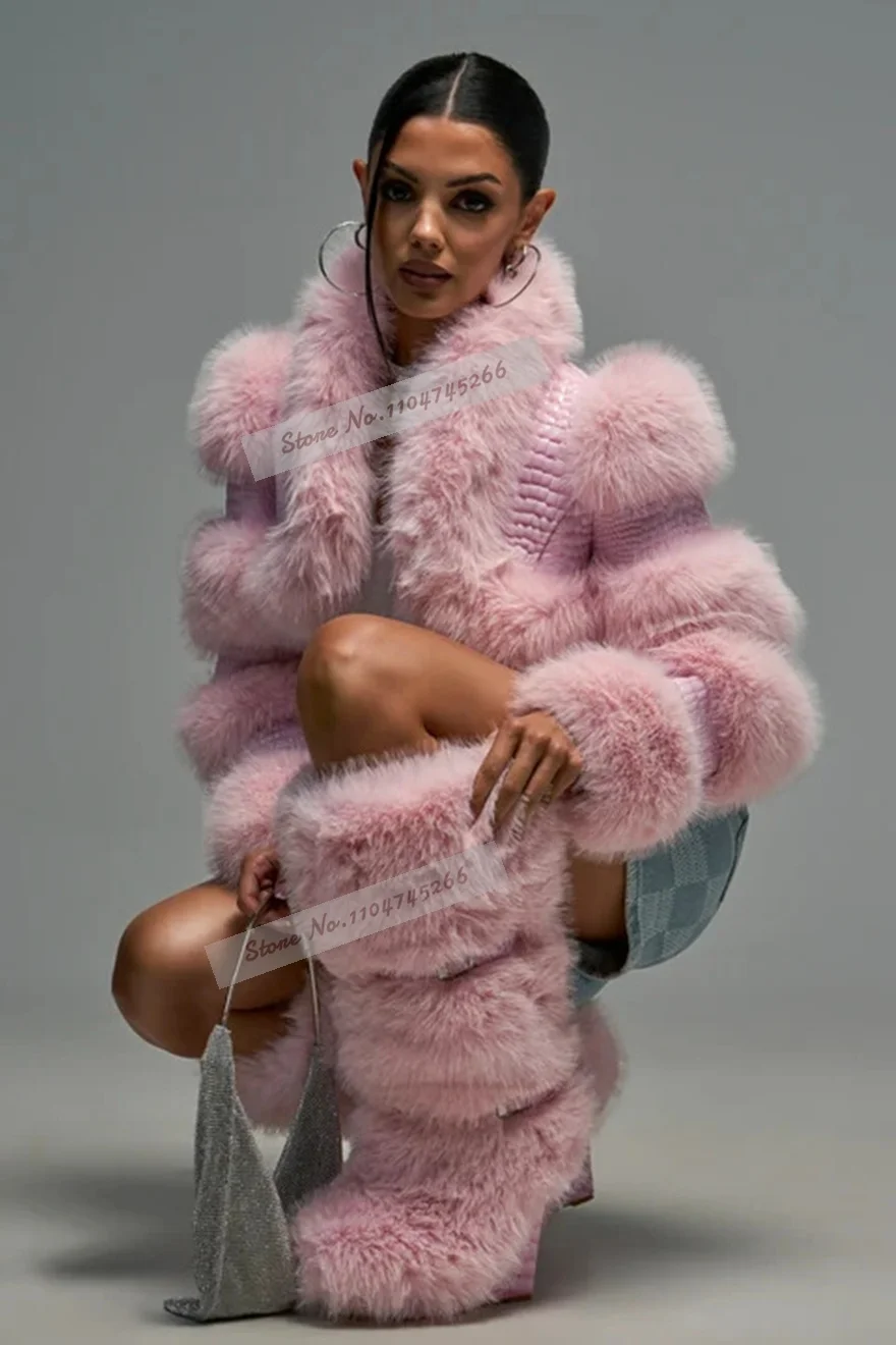 Pink Soft Fur Knee High Boots Wedged Heel Round Toe Fluffy Furry Tall Boots Snakeskin Platform Winter Fashion Party Shoes