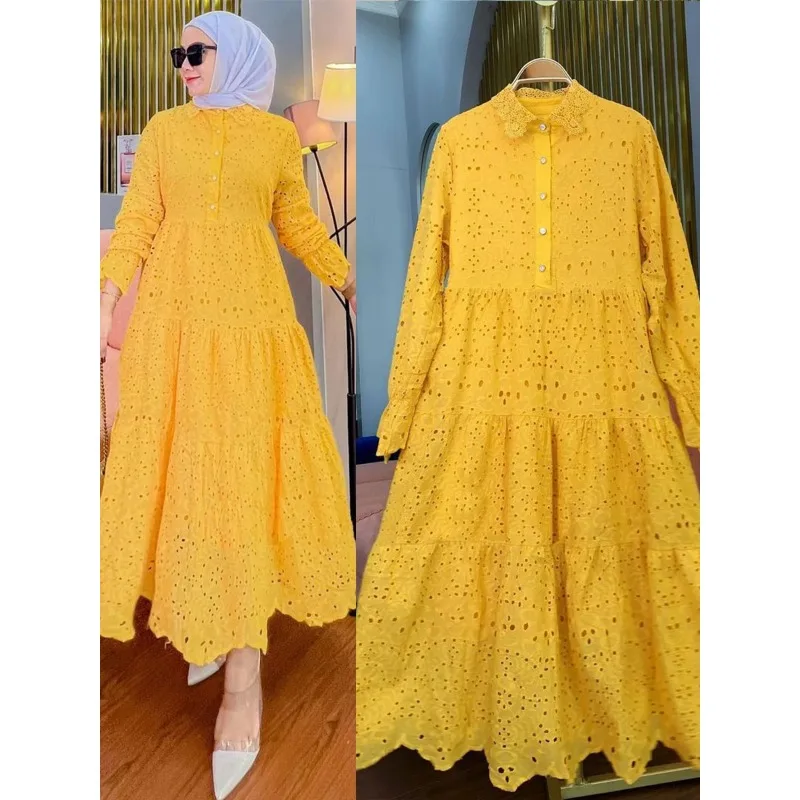 Muslim Women's Dress Embroidered Hollow Lace Collar Long Sleeved Robe Fresh and Sweet Spring New Product