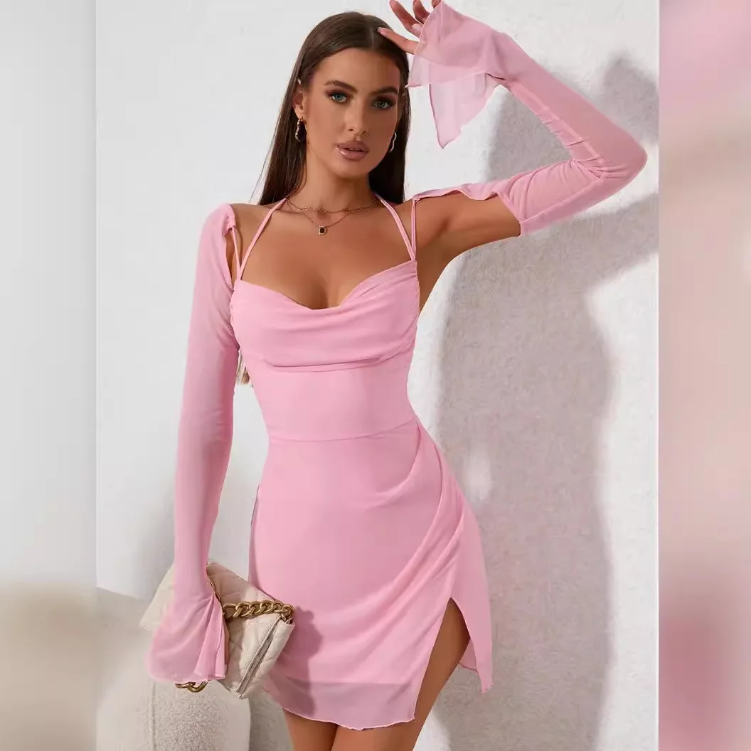 

Элегантное платье с V-образным вырезом и высокой талией, с поясом, облегающее, из полиэстера, с длинными рукавами, для свиданий