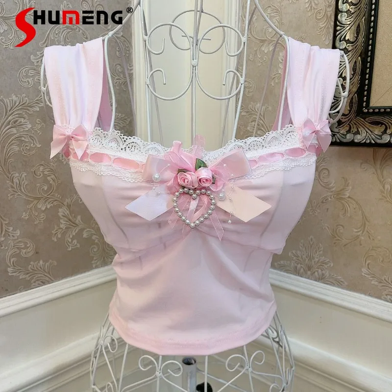 

Sweetheart Girly Rose Flower Bow Love Pendant Lace Pink Camisoles Slim Fit Button Short Cute Top Suspender Vest Women's Clothing