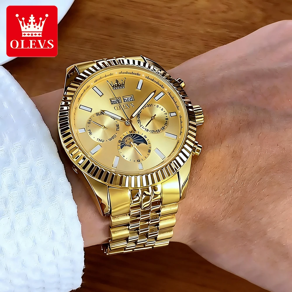 

OLEVS Men's Watches Top Luxury Fashion Fine Steel Threaded Bezel Calendar Moon Phase Date Original Automatic Mechanical Watch