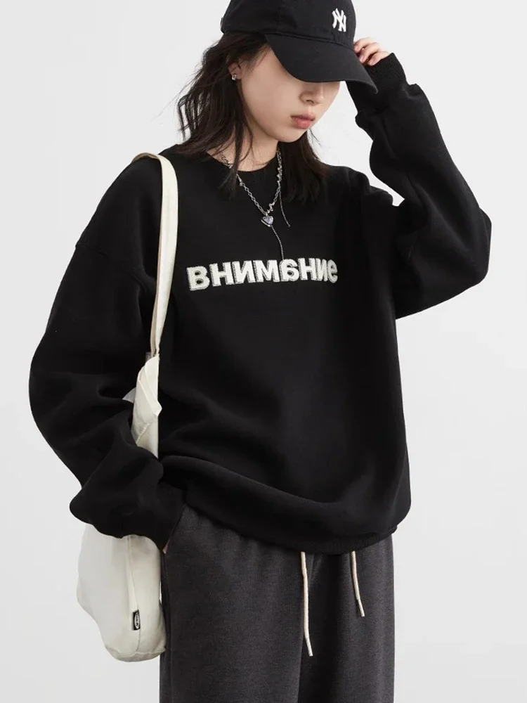 CHIC VEN Women Sweatshirts Casual Streetwear Pullover Loose New O Neck Embroidered Letter Plush Female Top Spring Autumn 2024