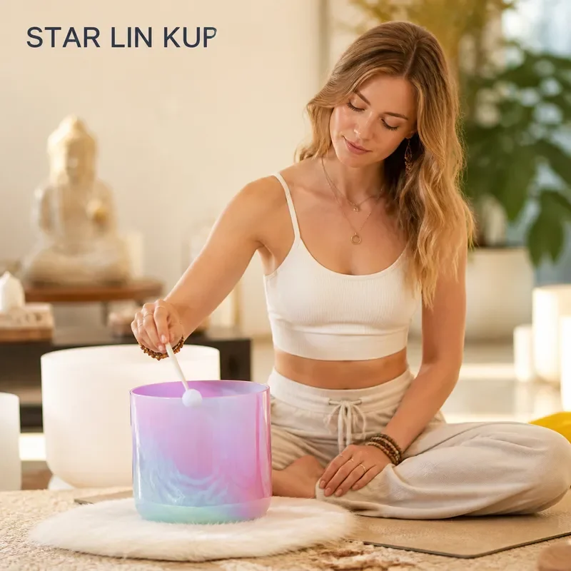 STAR LIN KUP 432Hz Pink Ocean Powder Blue Gradient Clear Alchemy Crystal Singing Bowl with Accessories for Meditation Healing