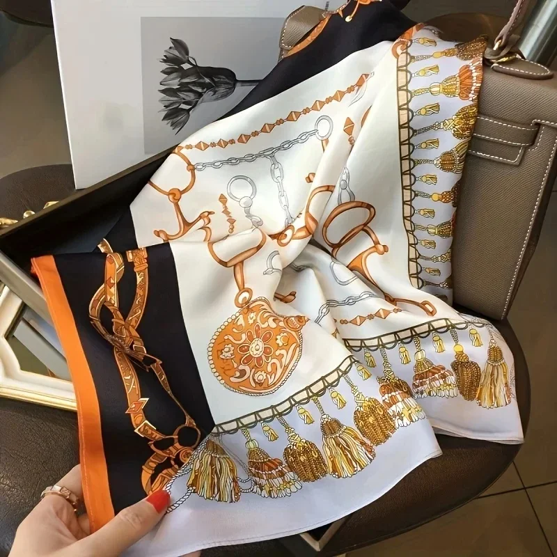 2024 New Chain Tassel Print Square Scarf Thin Breathable Neck Scarf Boho Style Sunscreen Headscarf For Women