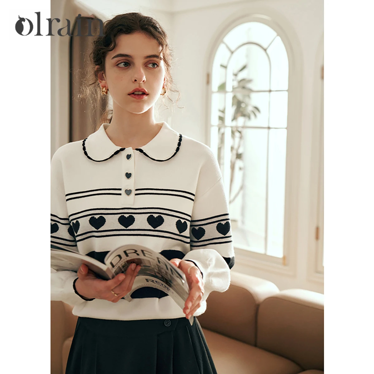 

OLrain Women's Stripe Sweaters 2026 Autumn New in Turn-down Collar Long Sleeve Jumpers Casual Loose Fit Pullovers O23DM69099