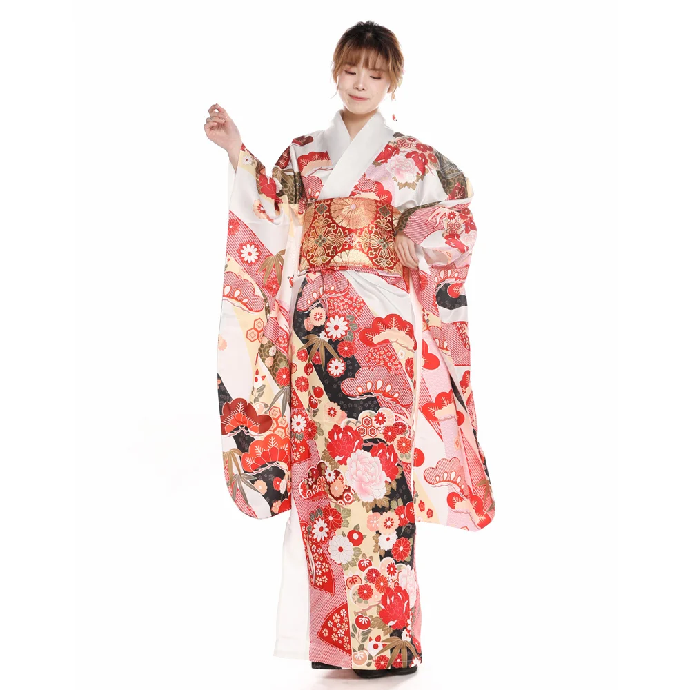 Japanese Traditional Long Sleeve Kimono Women's Holiday Formal Yukata Cosplay Clothing Performing Dress Photography Wear