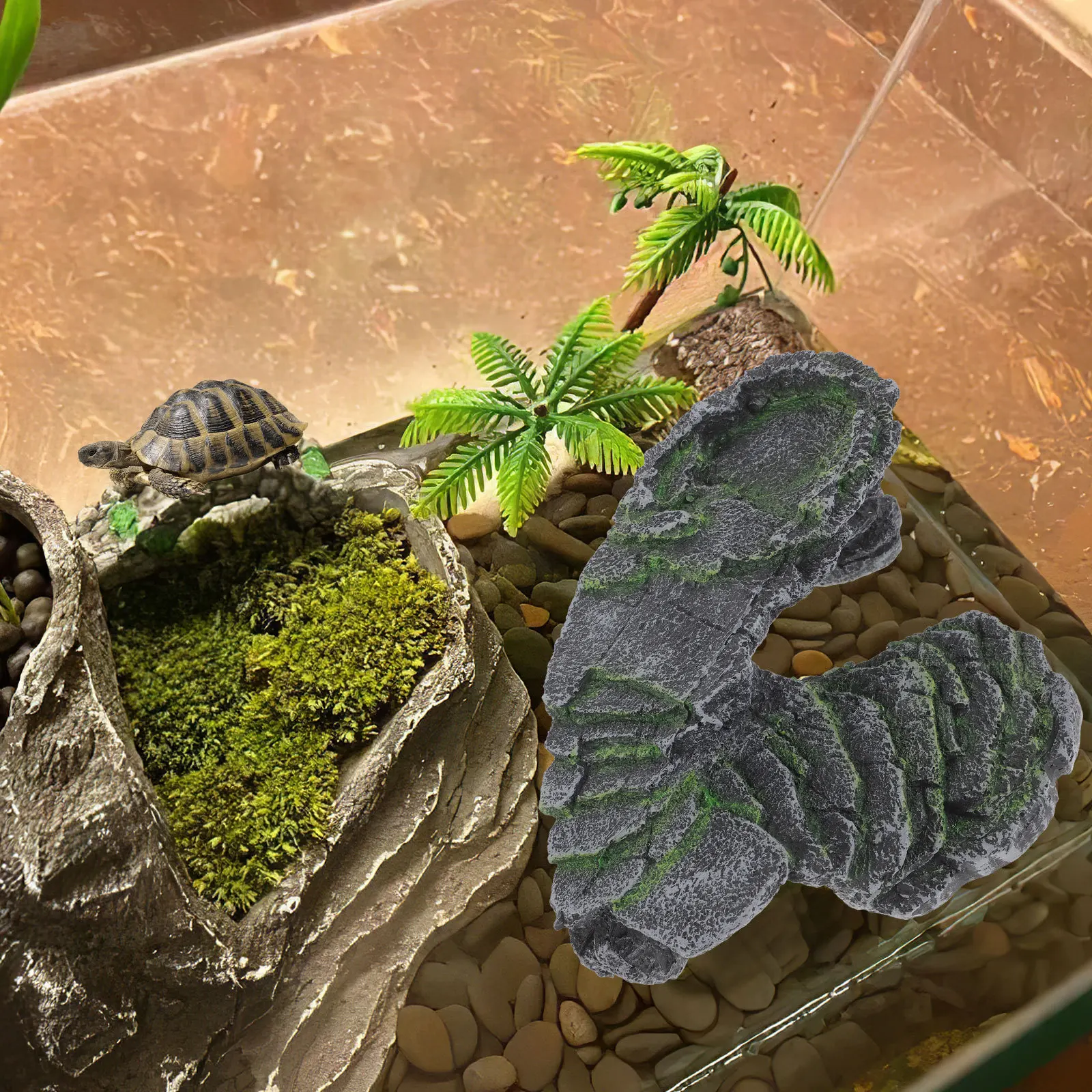 

Turtle Basking Platform Realistic Resin Design Multi-Functional Sunbathing Ramp Climbing Slope Hiding Cave for Aquatic Turtles