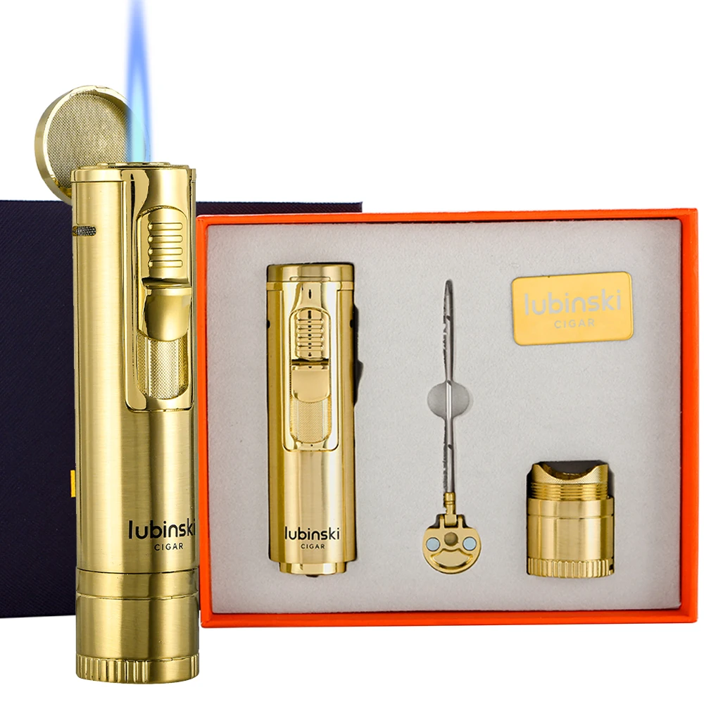 

LUBINSKI Cigar Torch Lighter Portable With Punch Needles Lighters Cigar Tool Butane Gas Refillable Gift Box Package