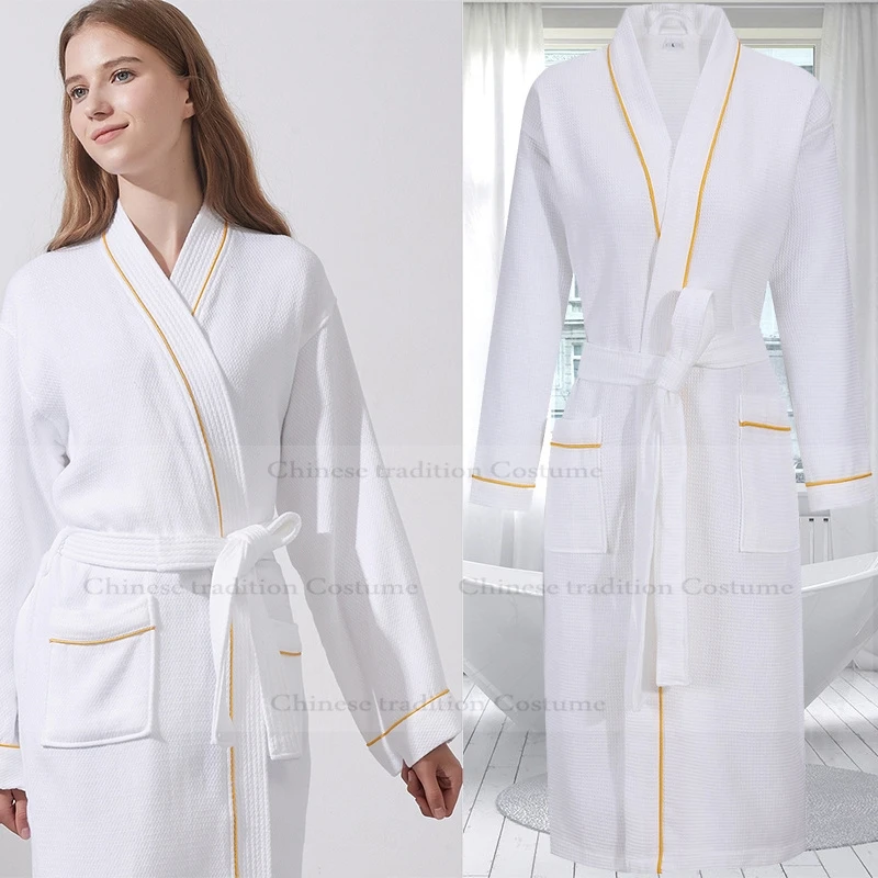 

100% Cotton Waffle Robe Women Shower Bath Gown Lady Men Nightgown Home Service Hotel Bathrobe Autumn Winter Absorbing Sleepwear