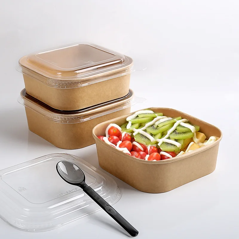 Outdoor Camping Disposable Kraft Paper Lunch Box, Thick Square Transparent Light Food Salad Paper Bowl