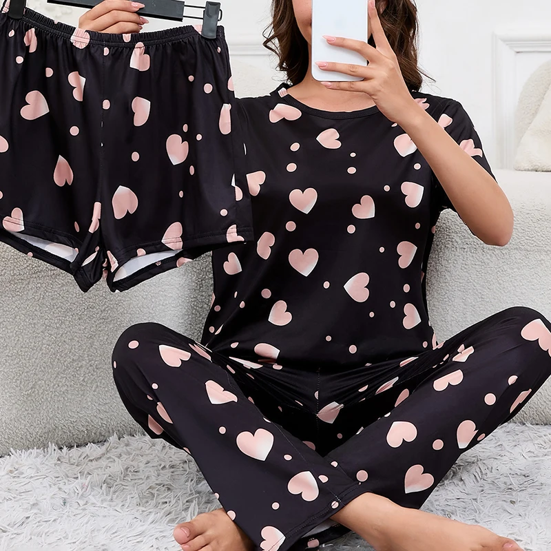 Women\'s Short Sleeve Pajamas Set Autumn Crew Neck Tops and Shorts & Pants Sleepwear 3 Piece Soft Comfort Nightwear & Loungewear