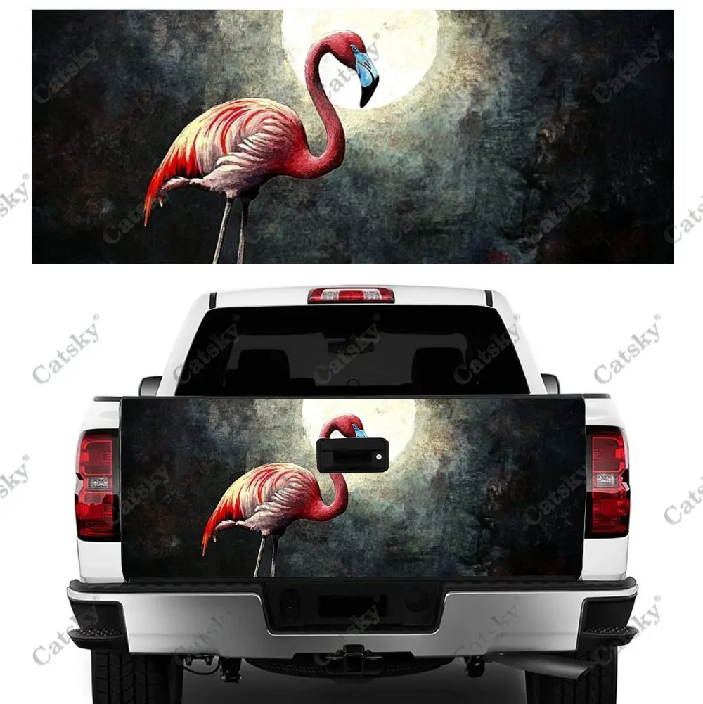 Pink Flamingo Full Moon Print Car Tail Trunk Protect Vinly Wrap Cover Decal Auto Accessories Hood Sticker for Off-road Pickup