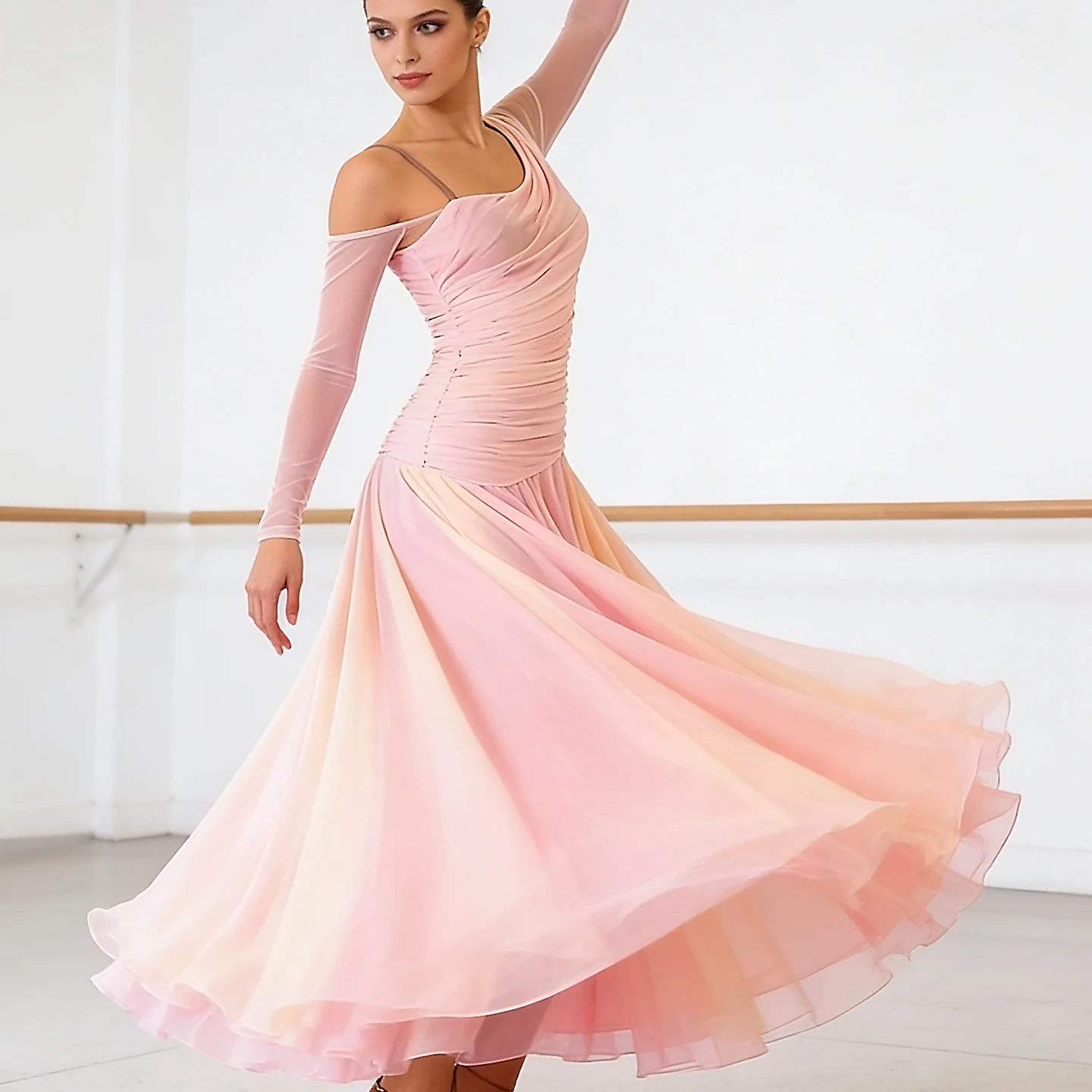 2025 Nuovo vestito da competizione di ballo da sala slim fit pieghettato per le donne Valzer adulto moderno vestito da allenamento per prestazioni di danza XH3926