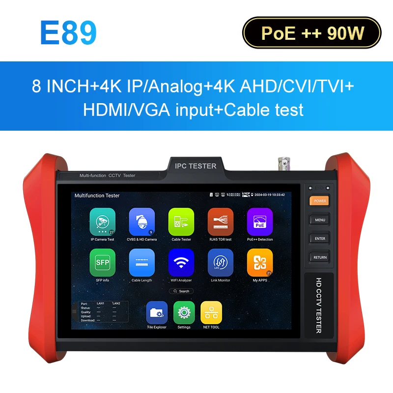 

CCTV Tester E89 8inch Screen POE++ 90W SFP H.265 4K IP AHD/CVI/TVI Camera CCTV Tester 5200mAh Battery DC24V 2A Power Output