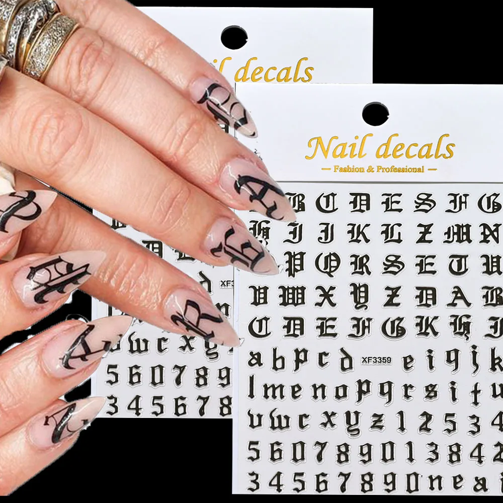 18-Colors Gothic Letter Black Gold Nail Art Stickers 3D Alphabet Adhesive Manicure Slider 1Pc Holographic Letter Manicure Slider